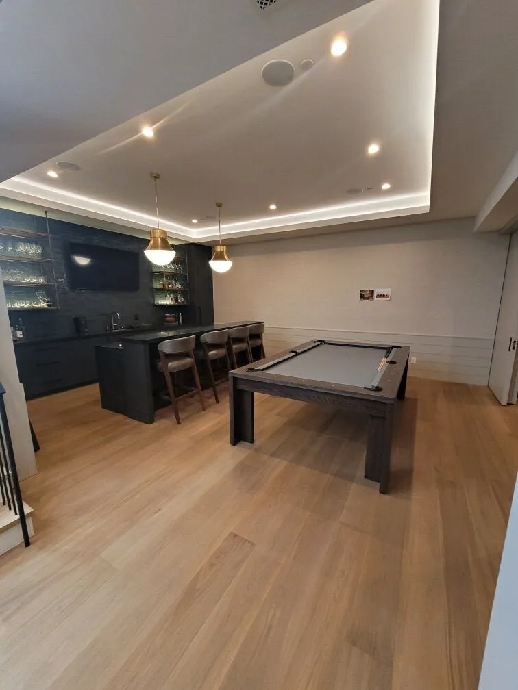 White oak through the game room, bar and pool table in Manhattan Beach