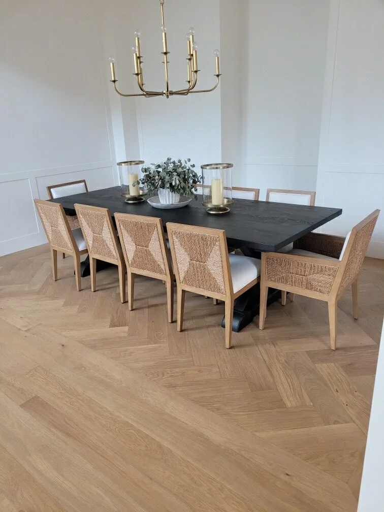 Herringbone white oak under the dining table in Manhattan Beach