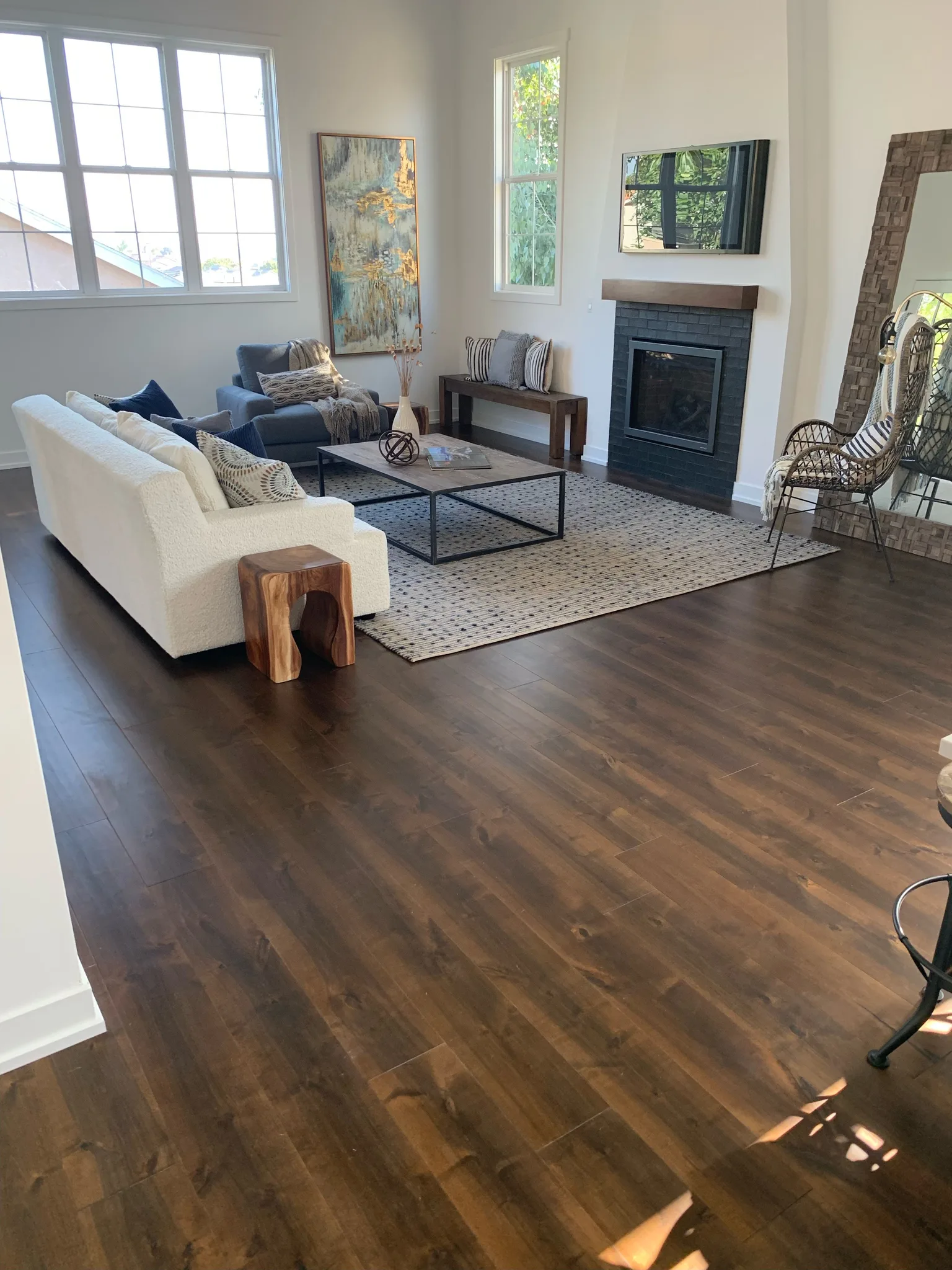 Pre-finished maple across the living room to the fireplace in Redondo Beach