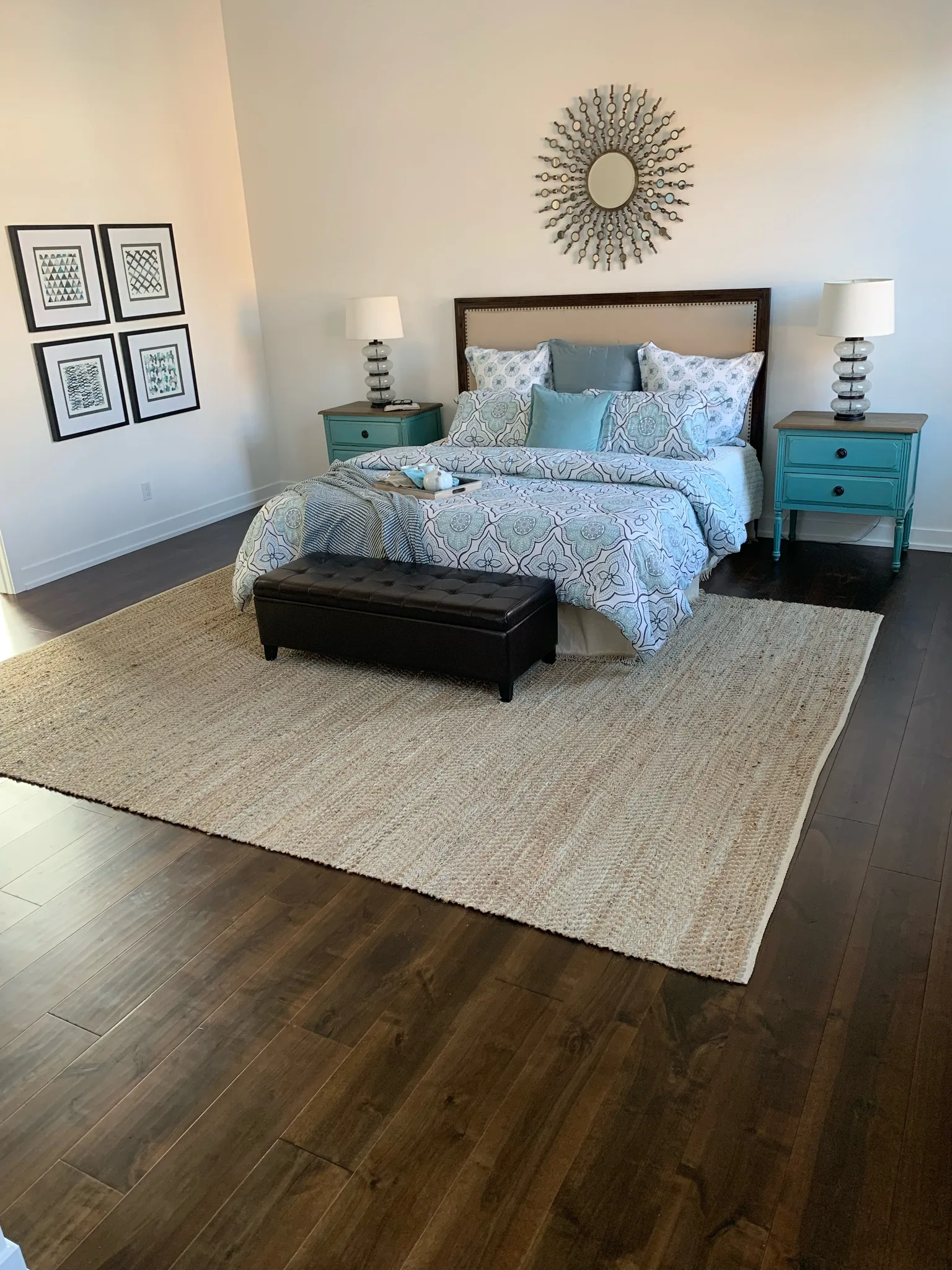 Pre-finished maple in a bedroom, rug centered on the floor in Redondo Beach