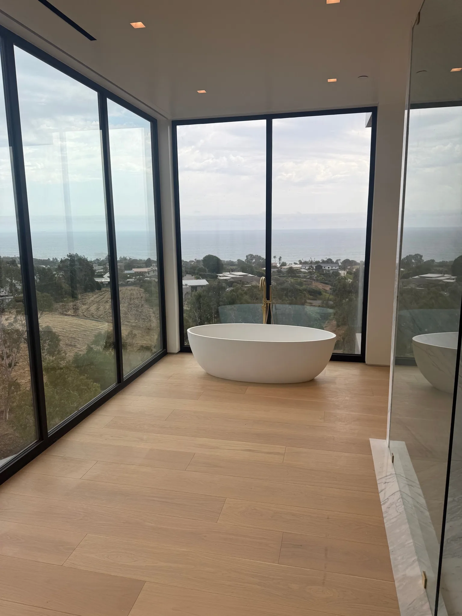 Wide-plank white oak in a matte finish, run into a bathroom