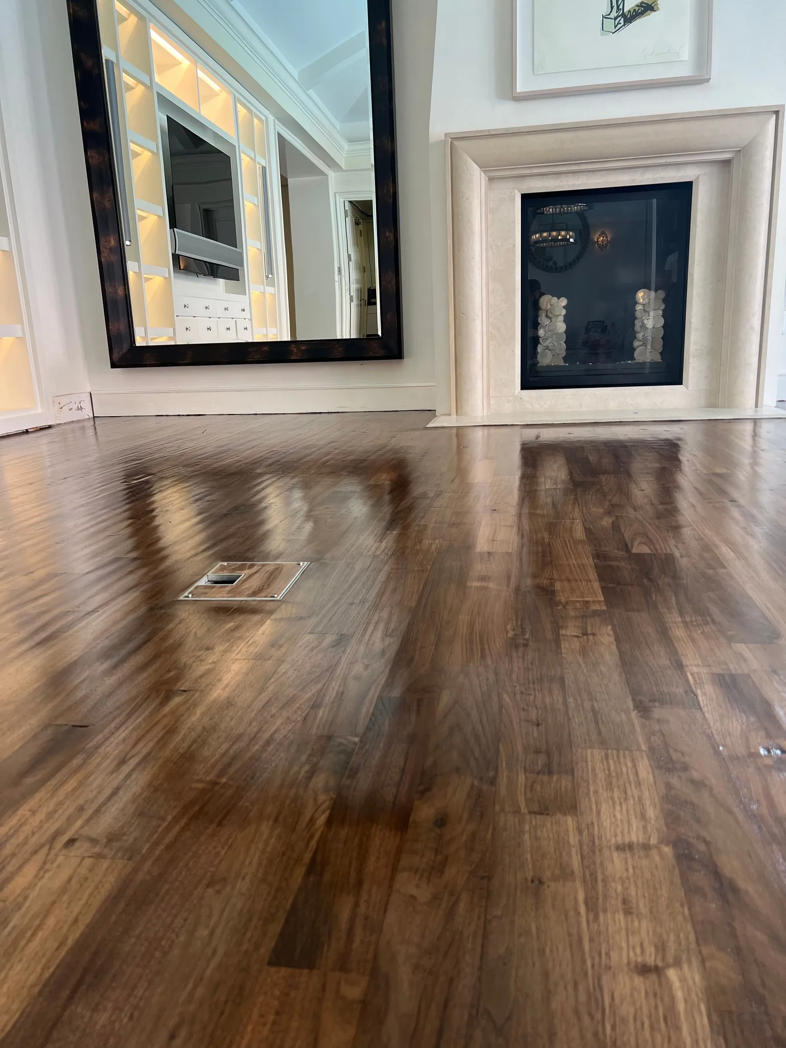 Hand scraped walnut finished with gloss