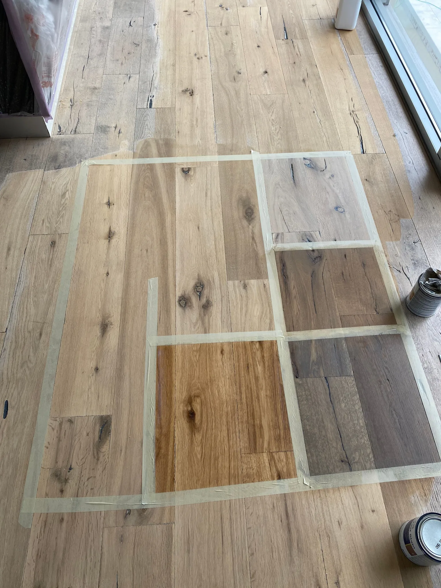 Stain samples on a character-grade oak floor