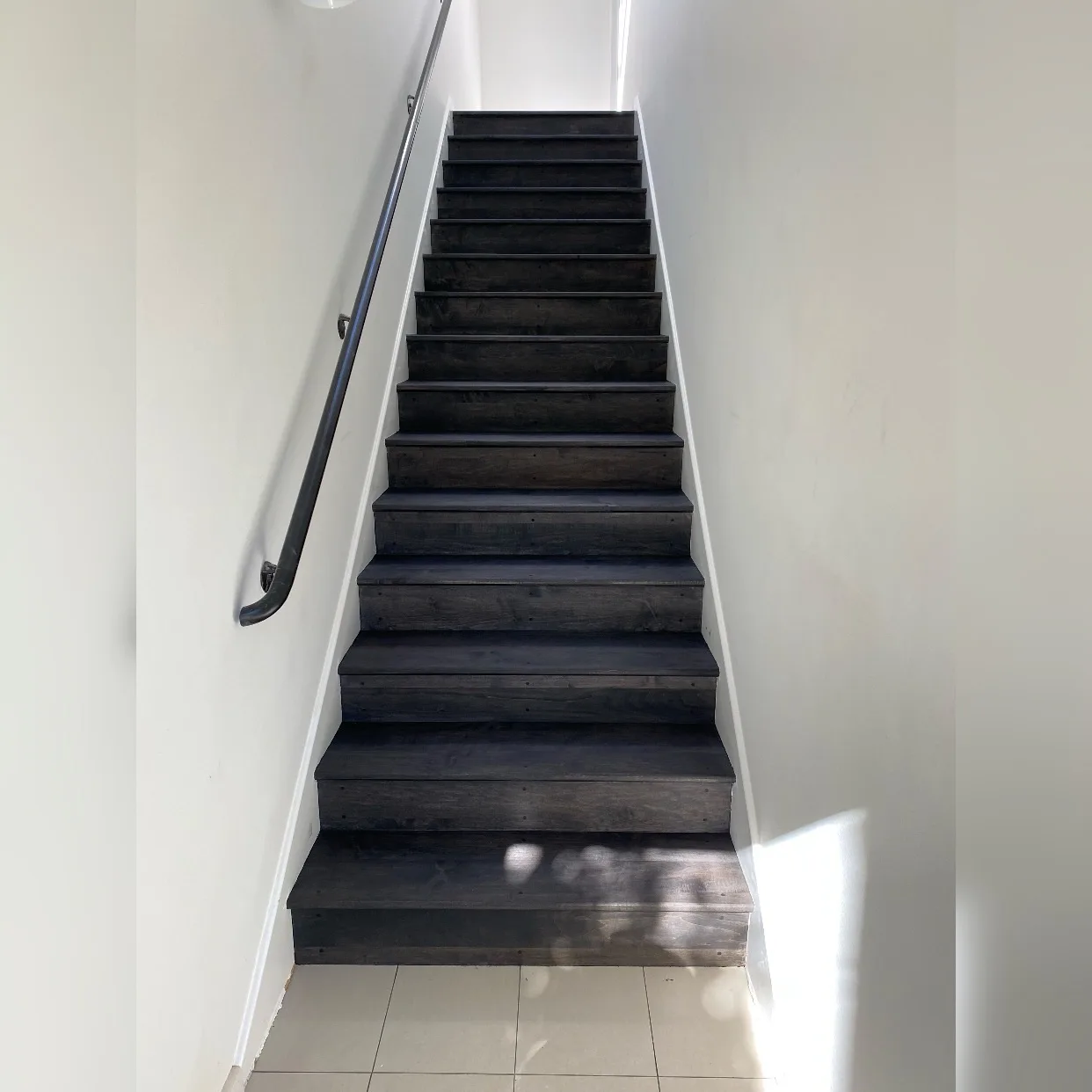 Black-stained wood treads and risers with a black metal rail in Malibu