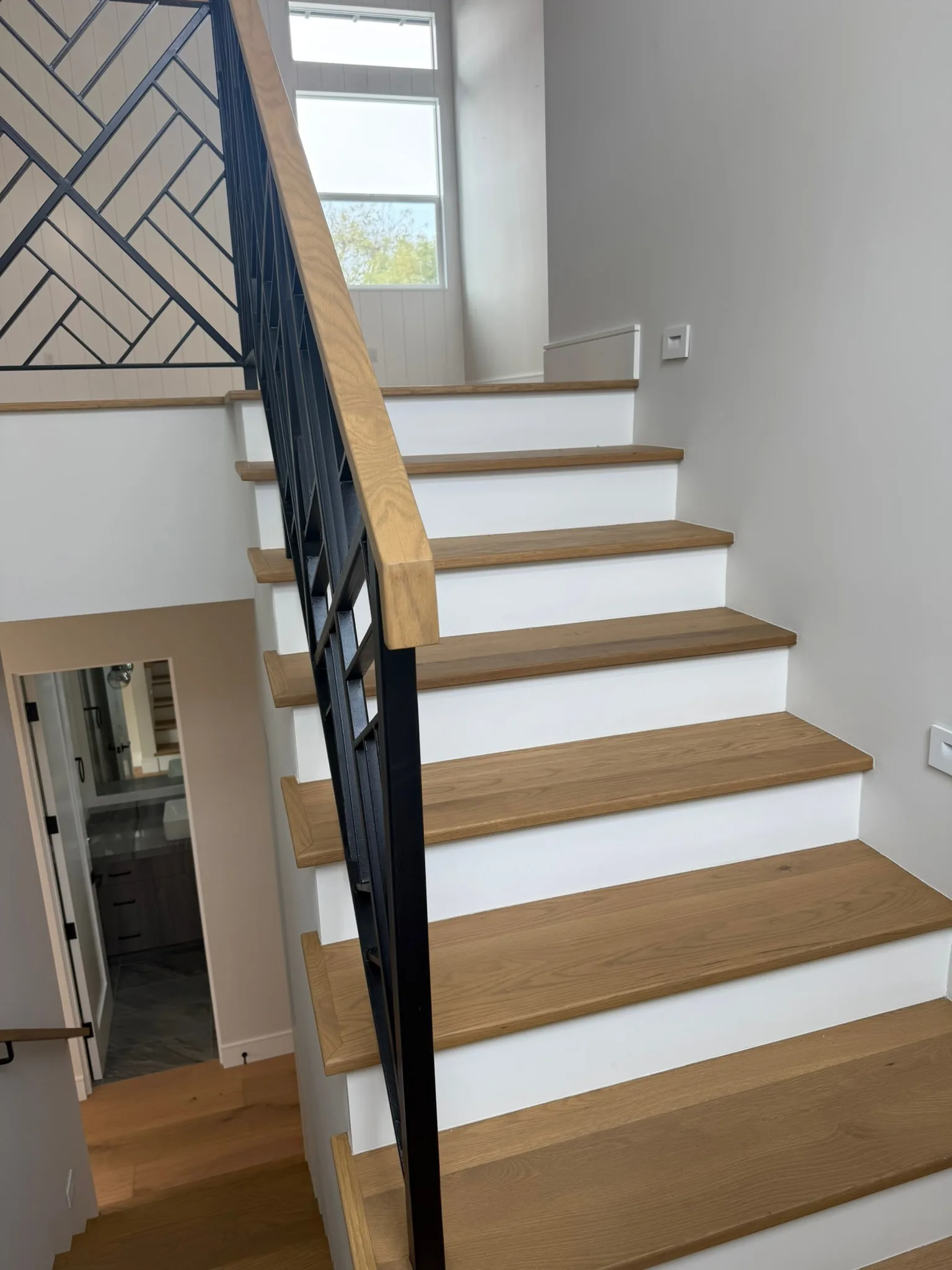Square profile treads with a return on 1 side with white risers