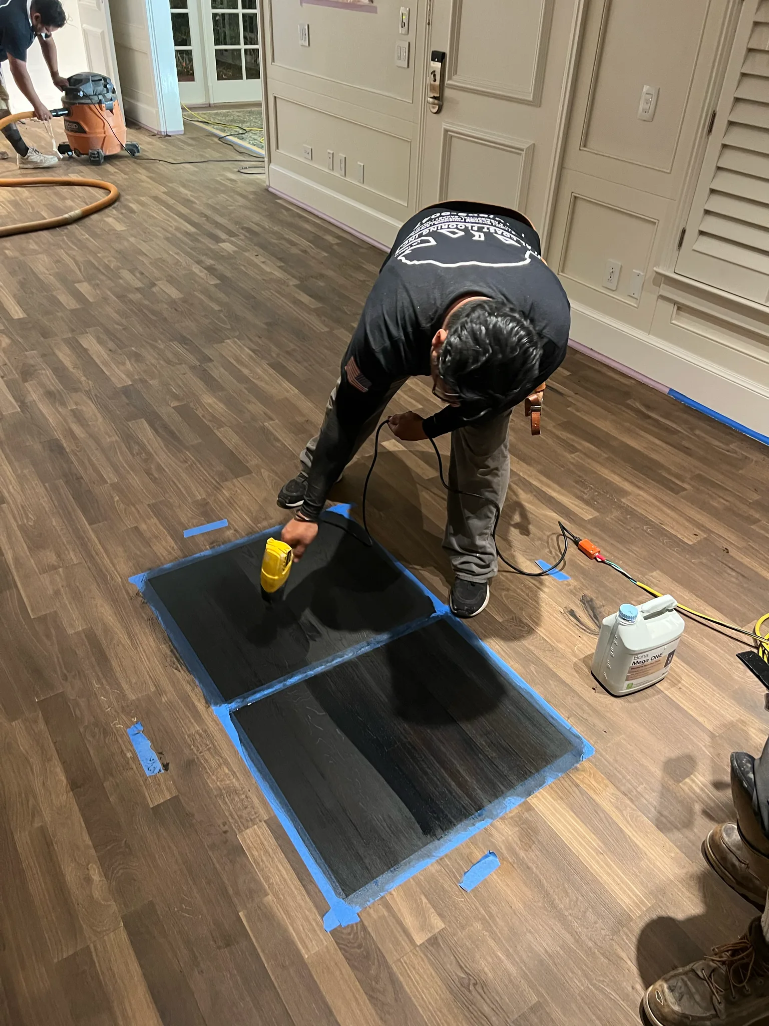 Work in progress: stain samples tested on the raw walnut floor at The Beverly Hills Hotel