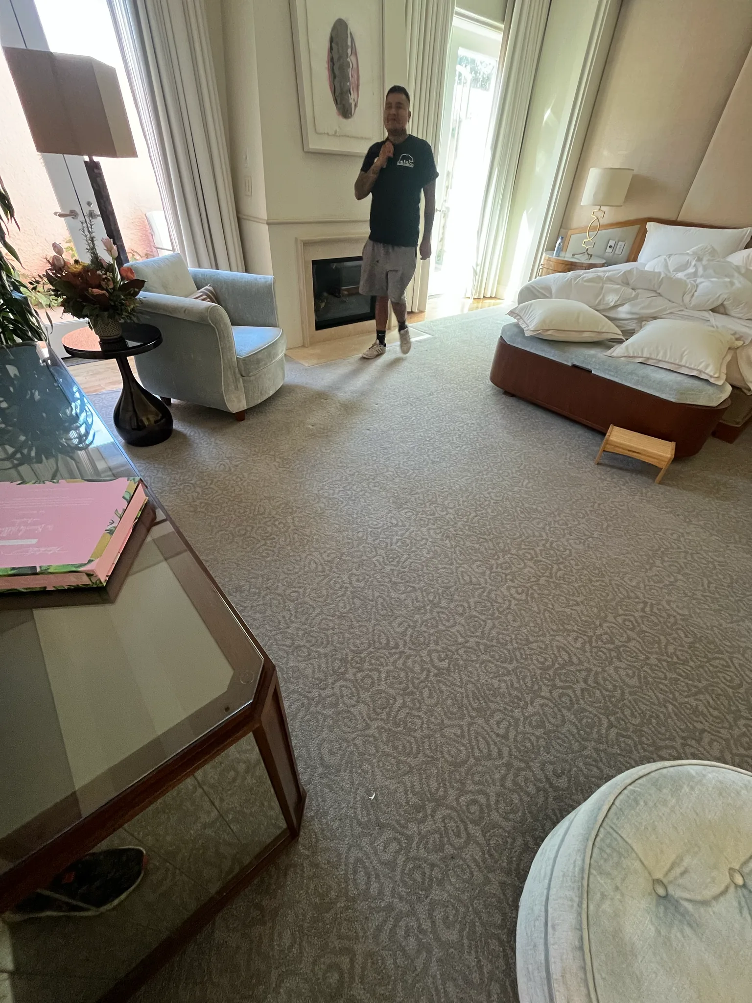 Work in progress: patterned carpet installation in a guest room at The Beverly Hills Hotel