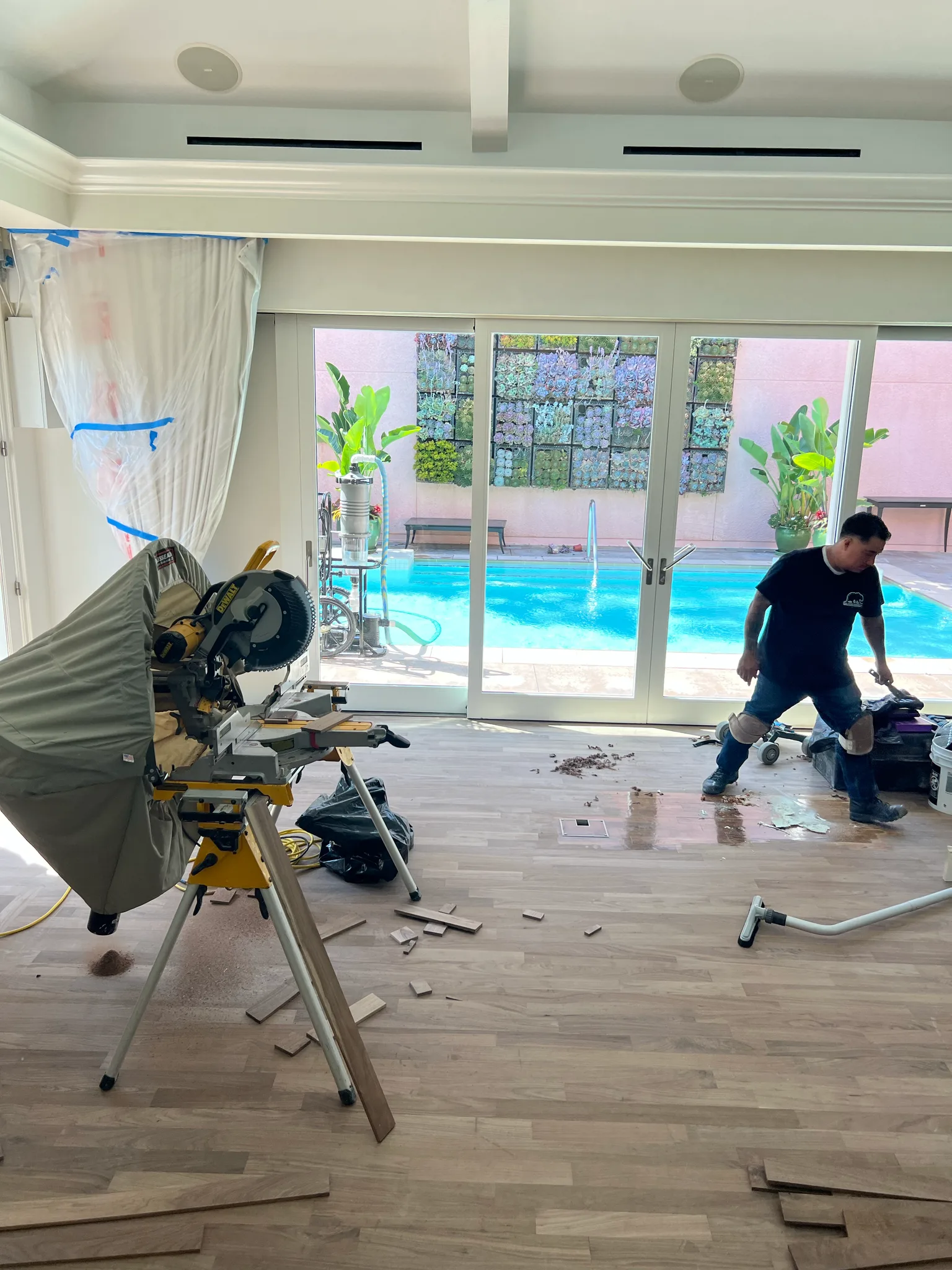 Work in progress: cutting station set up in a suite overlooking the pool at The Beverly Hills Hotel