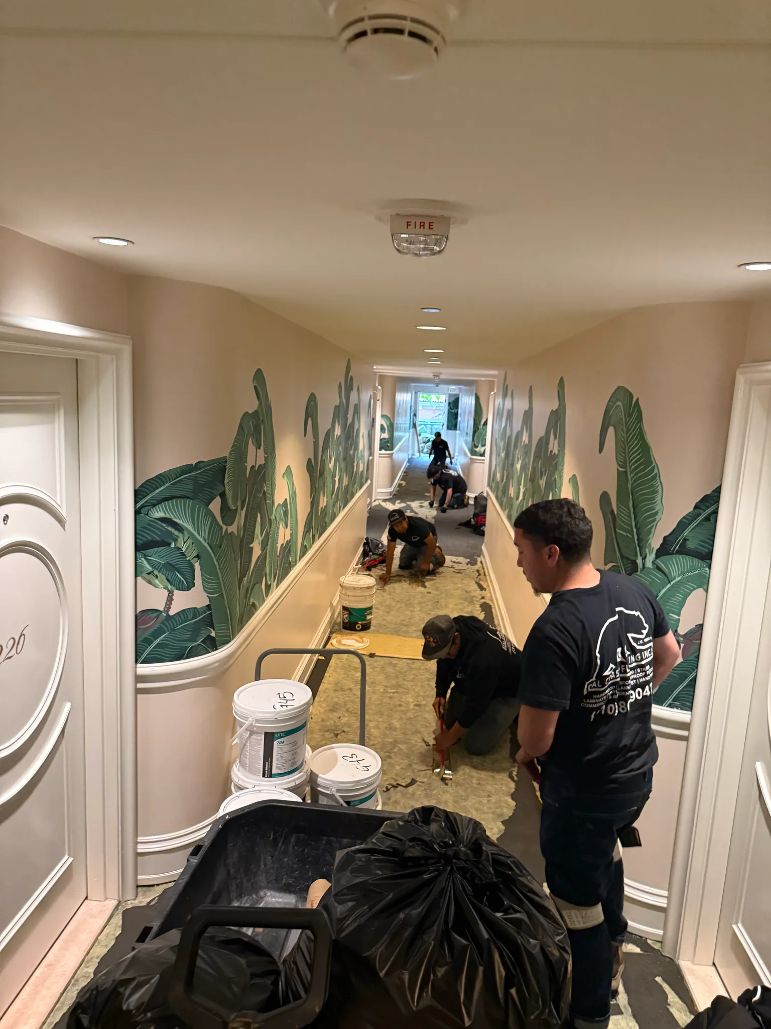 Work in progress: crew prepping a corridor subfloor for new carpet at The Beverly Hills Hotel