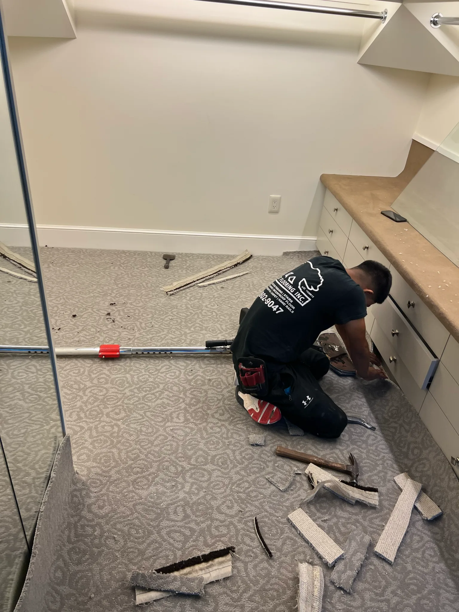 Work in progress: closet carpet being trimmed and fitted at The Beverly Hills Hotel