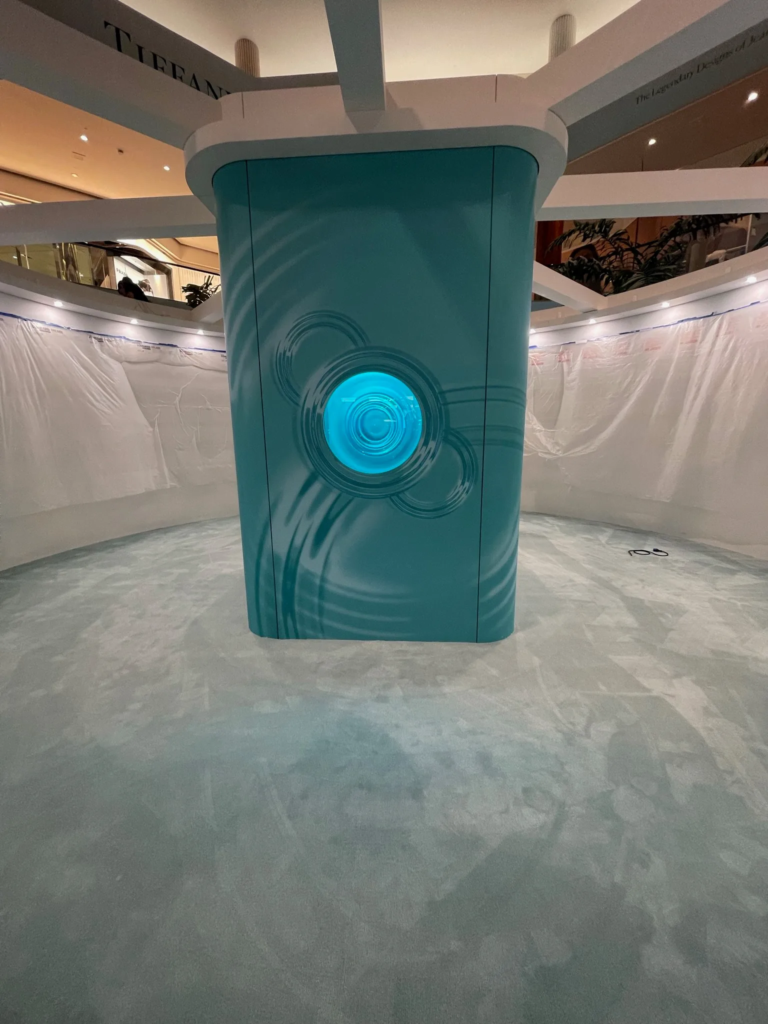Finished custom Tiffany-blue carpet inside the Tiffany & Co. pop-up pavilion at South Coast Plaza, installed by Cal Coast Flooring