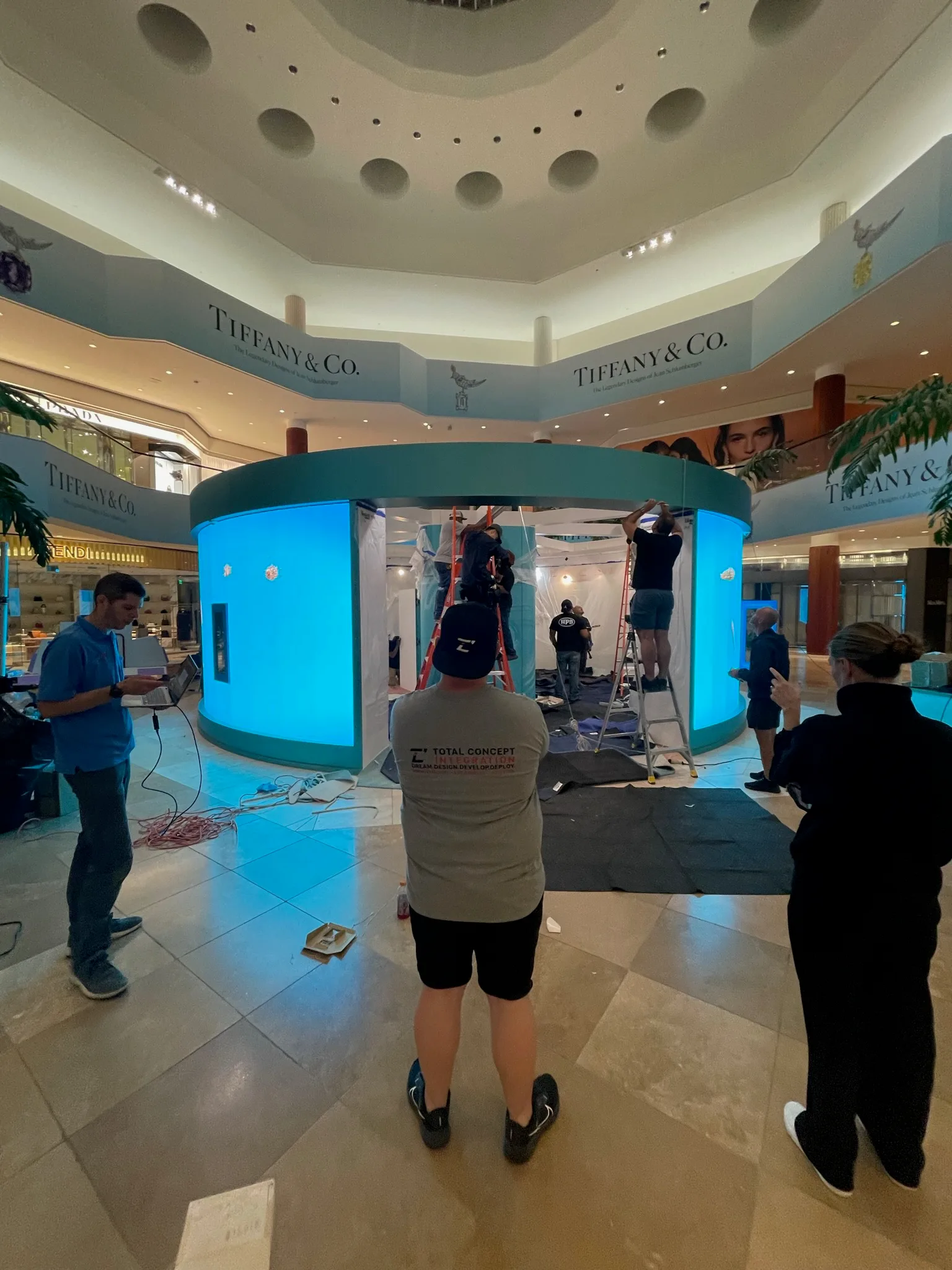 Overnight build-out of the Tiffany & Co. pop-up pavilion in the South Coast Plaza atrium