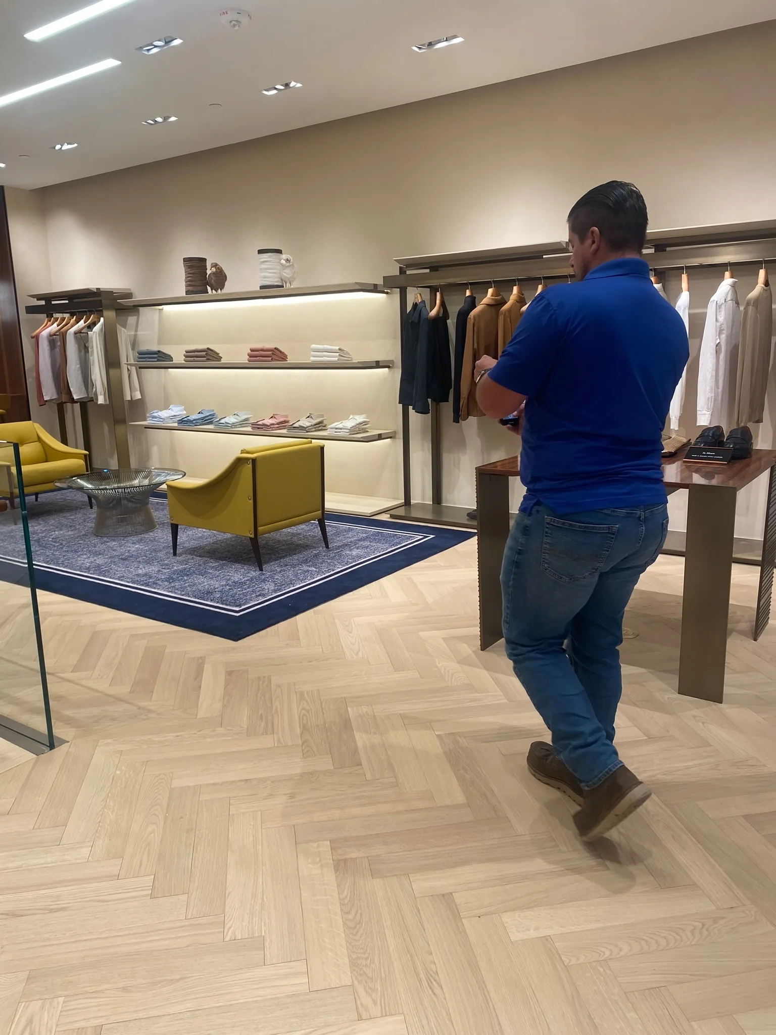 Completed prefinished oak herringbone salesfloor at the Zegna Beverly Hills store
