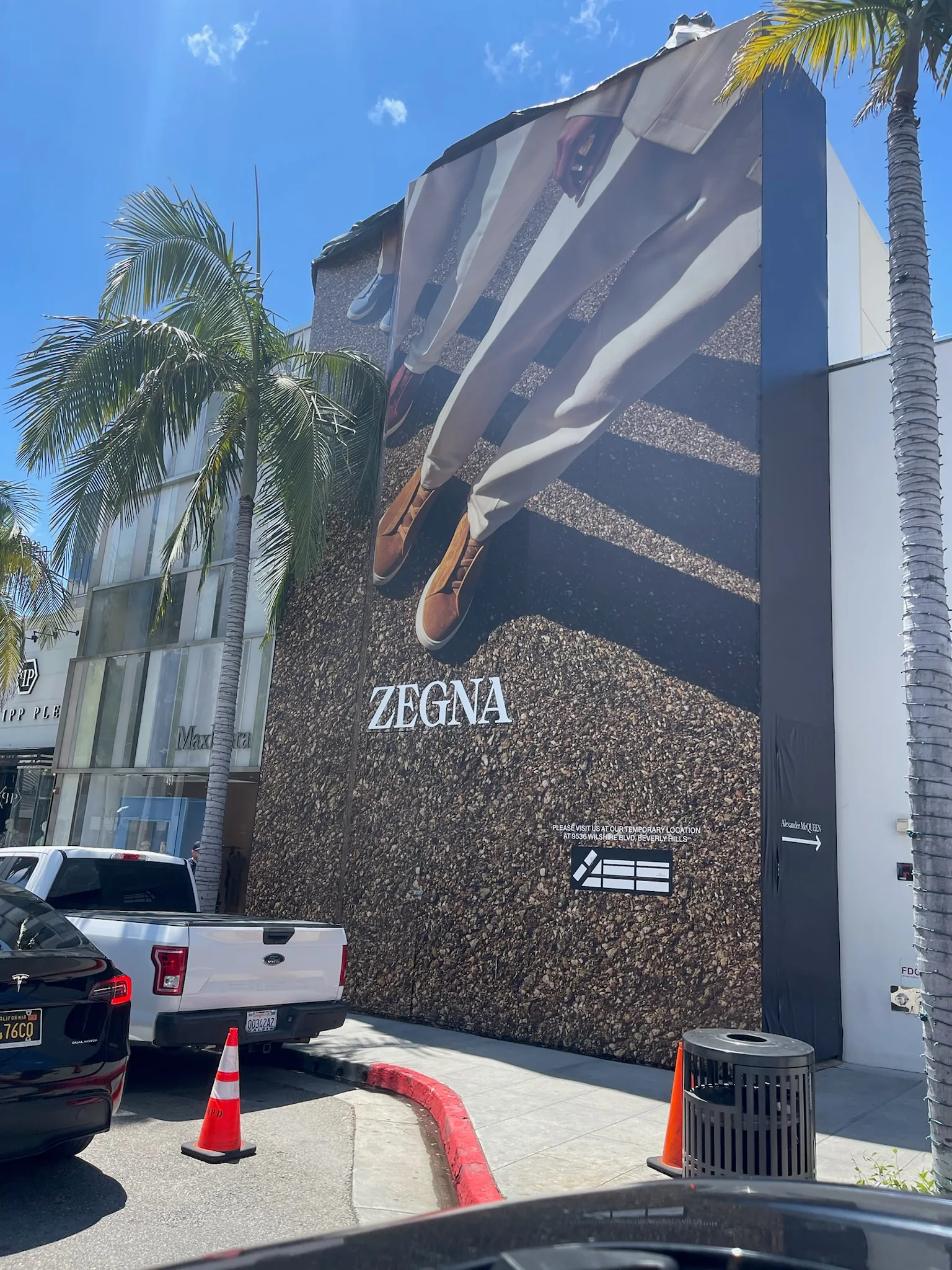 Zegna construction hoarding on Rodeo Drive during the Beverly Hills store build-out